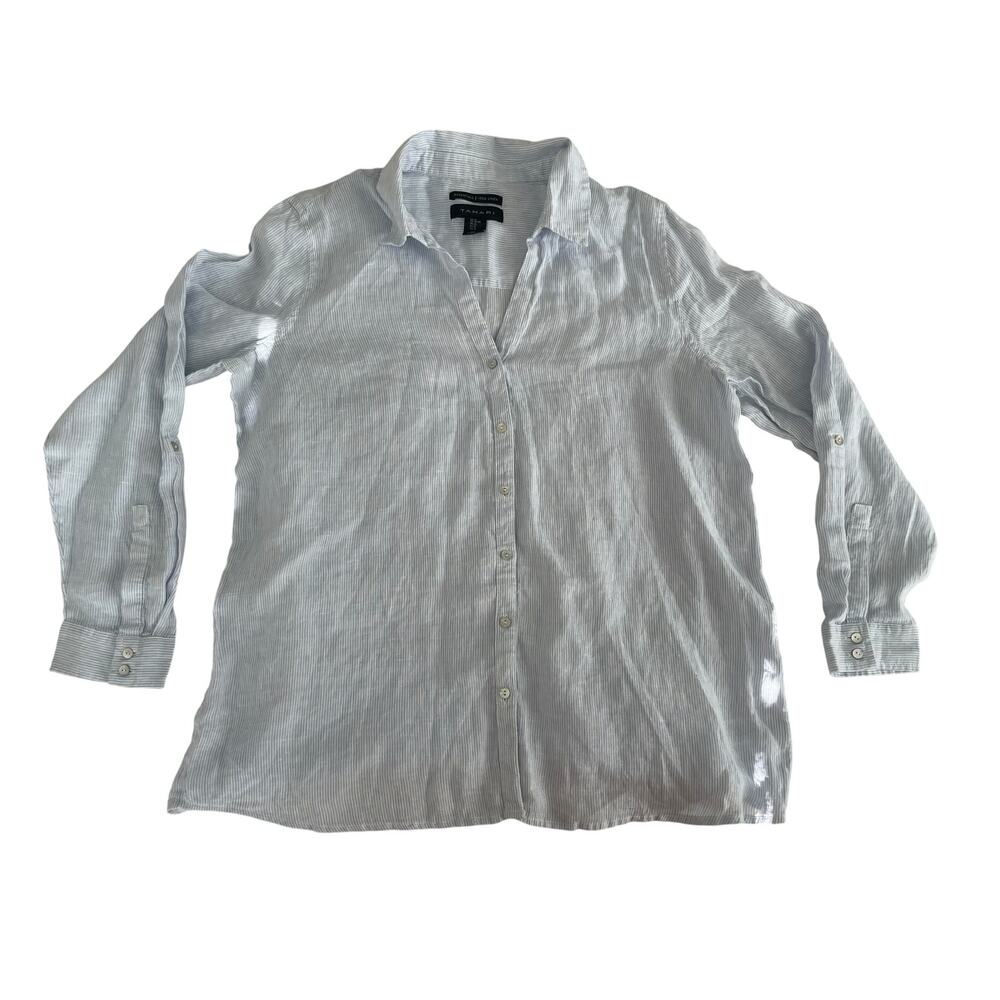 Tahari 100% Linen Blue and White Striped Long Sleeve Button Down Shirt XL - Picture 2 of 6